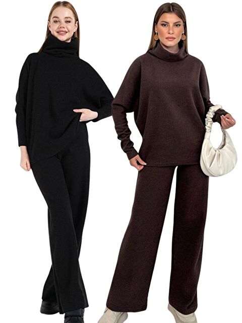 Trendseninle 2Li Set Siyah Kahverengi Selanik Kumaş Boğaz Detaylı Oversize Takım - S000481801-37322