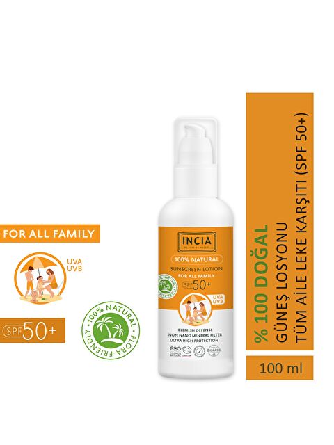 INCIA %100 Doğal ve Organik Tamanu Yağlı Güneş Losyonu Mineral Filtreli Tüm Aile İçin SPF 50+ 100 ml - S000362050-10231