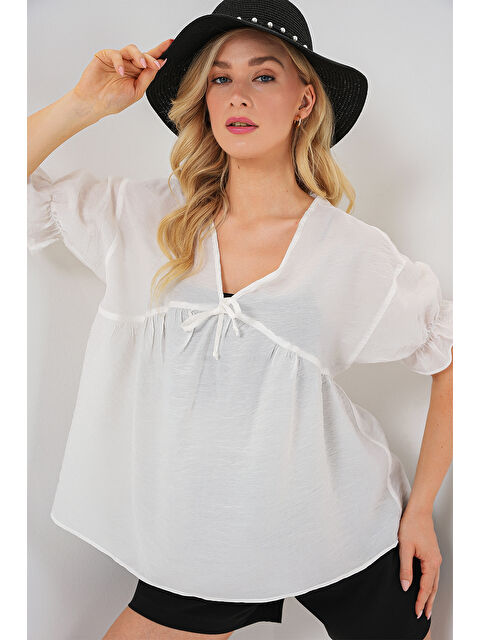 Bigdart Kadın Önü Bağcıklı Kısa Kol Bluz 962 - Beyaz - S000396854-20063