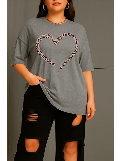 Oksit Love Kadın Büyük Beden Battal Baskılı Bisiklet Yaka Pamuklu T-Shirt Rahat Kesim Unisex Sevgili Kombi - S000508589-20600