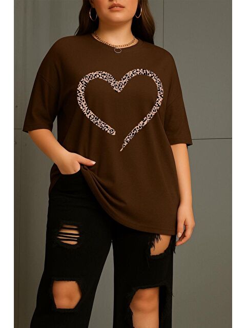 Oksit Love Kadın Büyük Beden Battal Baskılı Bisiklet Yaka Pamuklu T-Shirt Rahat Kesim Unisex Sevgili Kombi - S000508589-19413