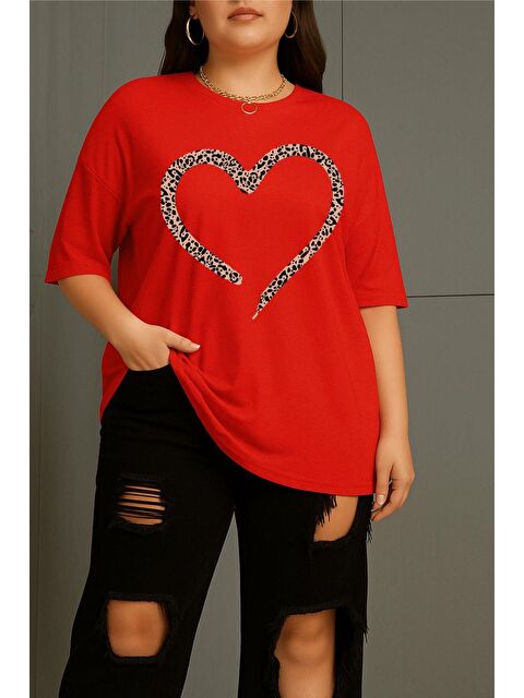 Oksit Love Kadın Büyük Beden Battal Baskılı Bisiklet Yaka Pamuklu T-Shirt Rahat Kesim Unisex Sevgili Kombi - S000508589-20045