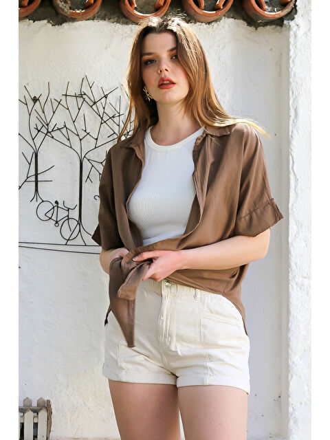 Chiccy Açık Kahve Gömlek Yaka Kısa Kol Kapamasız Yıkamalı Önden Düğüm Bağlamalı Casual Dokuma Bluz 62 67 - S000367592-29705