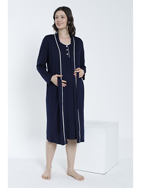 MİSS DÜNYA LİSSA Lacivert Sabahlıklı Önden Düğmeli Hamile ve Lohusa Gecelik Takımı - S000362449-21164