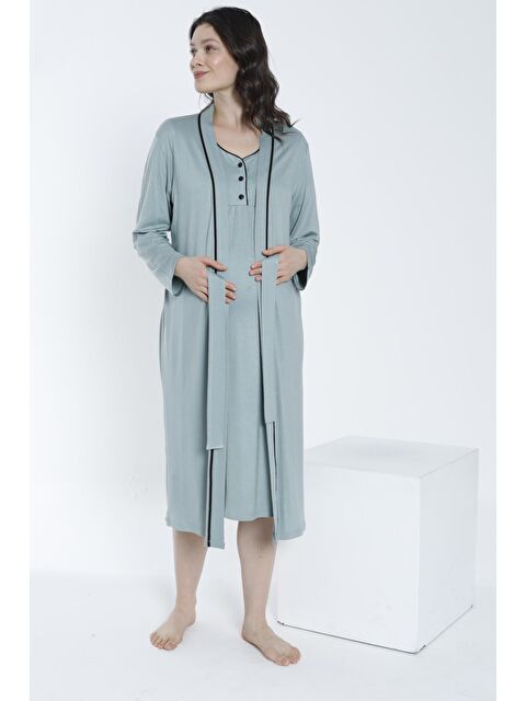 MİSS DÜNYA LİSSA Yeşil Sabahlıklı Önden Düğmeli Hamile ve Lohusa Gecelik Takımı - S000362449-18194