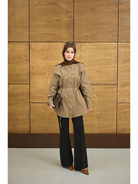 Locco Moda Kadın Roba Detaylı Kemerli Regular Poplin Gömlek Kahverengi - S000503121-19413