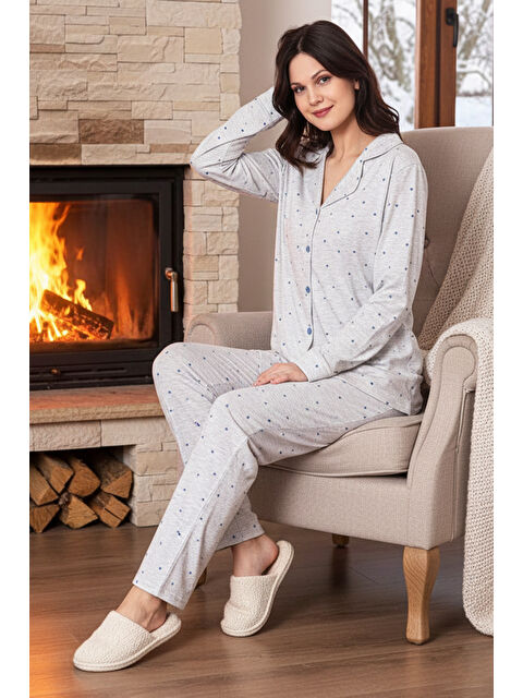 Remsa Kadın Puantiye Desen Önü Düğmeli Suprem Pijama Takımı 0539 Gri07 - S000469086-03