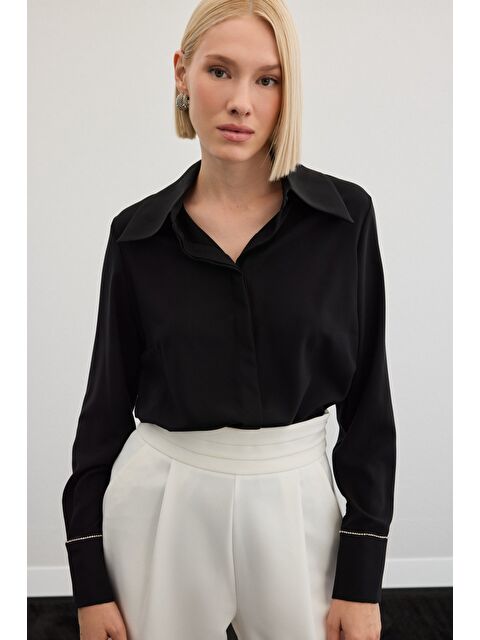 SATEEN Aksesuarlı Klasik Gömlek - Siyah - S000444792-19351