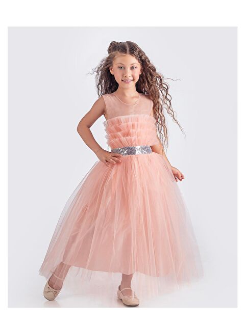 Mnk Baby & Kids Sapes Model Sırt Gipeli Tüllü Kız Çocuk Askılı Saten Abiye MNK0618 - S000389140-24085