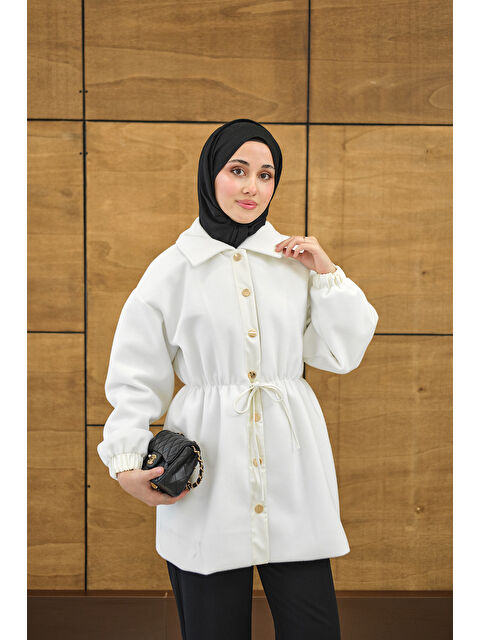 Locco Moda Kadın Beli Deri İp Detay Gömlek Yaka Ceket Beyaz - S000494373-20063