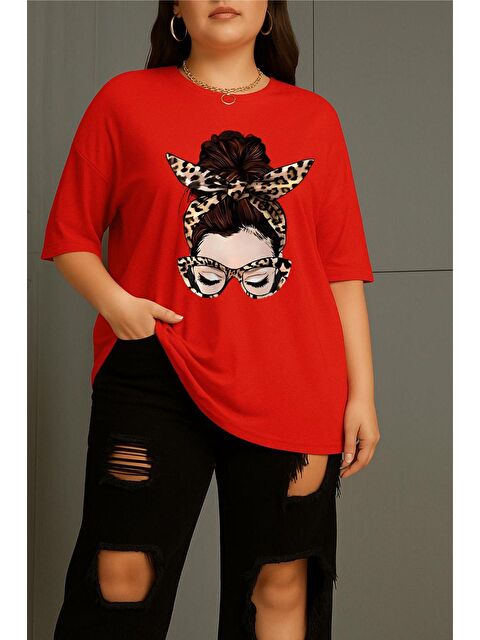 Oksit Ceny Kadın Büyük Beden Battal Baskılı Bisiklet Yaka Pamuklu T-Shirt Rahat Kesim Unisex Sevgili Kombi - S000508590-20045