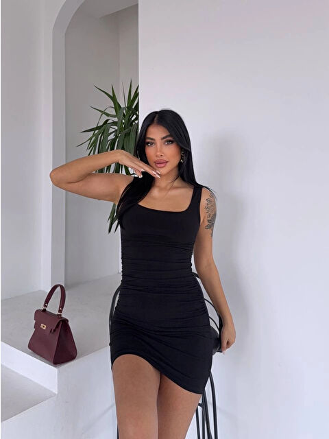 Hazelin Kadın Siyah Kalın Askılı Yanlardan Drapeli Mini Elbise HZL25S-FRY123081 - S000382665-19351