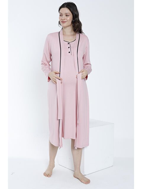 MİSS DÜNYA LİSSA Pudra Sabahlıklı Önden Düğmeli Hamile ve Lohusa Gecelik Takımı - S000362449-7152