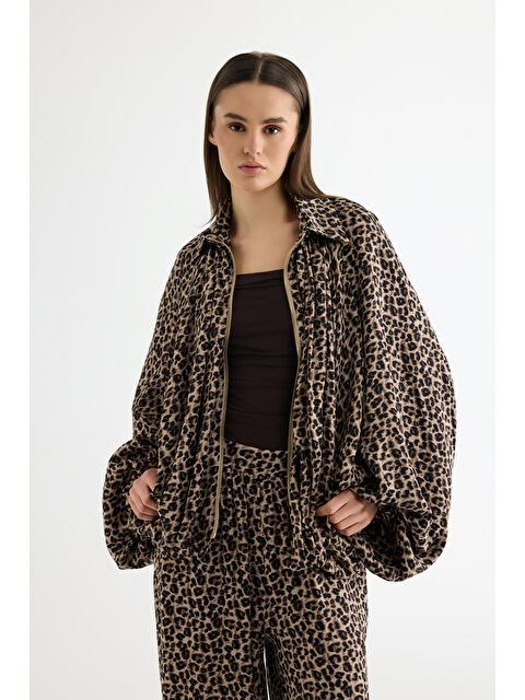 QUZU Leopar Desenli Saten Bomber Ceket Kahverengi - S000498929-19413
