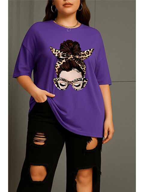 Oksit Ceny Kadın Büyük Beden Battal Baskılı Bisiklet Yaka Pamuklu T-Shirt Rahat Kesim Unisex Sevgili Kombi - S000508590-20042