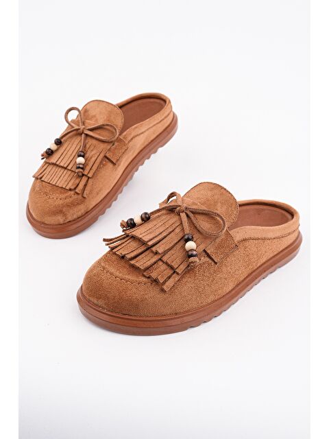 Muggo FRİNGE Süet Deri Fiyonk Detaylı Günlük Rahat Önü Kapalı Kadın Püsküllü Loafer Terlik