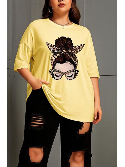 Oksit Ceny Kadın Büyük Beden Battal Baskılı Bisiklet Yaka Pamuklu T-Shirt Rahat Kesim Unisex Sevgili Kombi - S000508590-20072