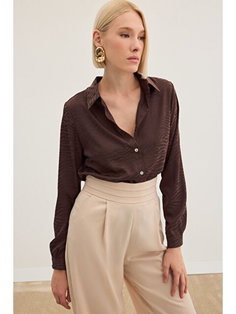 SATEEN Zebra Desenli Gömlek - Kahve - S000444795-19413