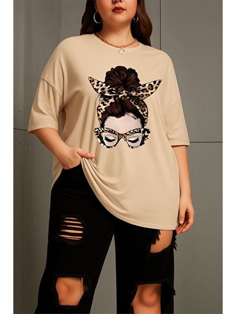 Oksit Ceny Kadın Büyük Beden Battal Baskılı Bisiklet Yaka Pamuklu T-Shirt Rahat Kesim Unisex Sevgili Kombi - S000508590-25636