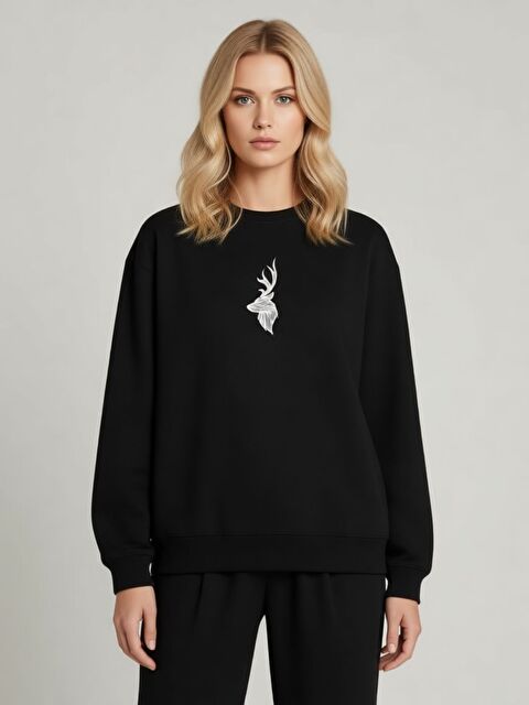 Trendseninle Siyah Ren Baskılı Oversize Bisiklet Yaka Sweatshirt - S000489796-19351