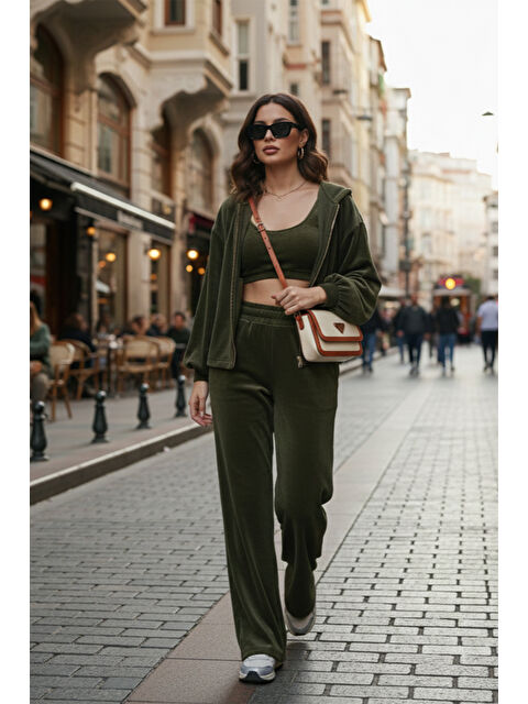 Lela Pamuklu Regular Fit Kapüşonlu Kadife Dokulu Kadın 3'lü Takım 6830097