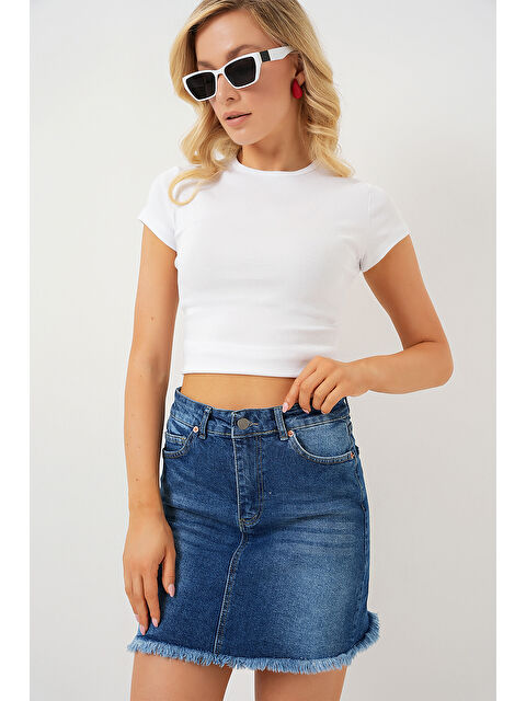 Bigdart Kadın Püsküllü Mini Jean Etek 8051   Lacivert - S000393304-21164