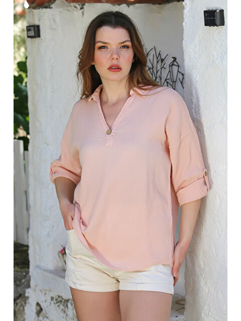 Chiccy Pudra Gömlek Yaka Düğmeli Uzun Kollu Yıkamalı Casual Müslin Dokuma Bluz 7065 0 - S000367597-7152