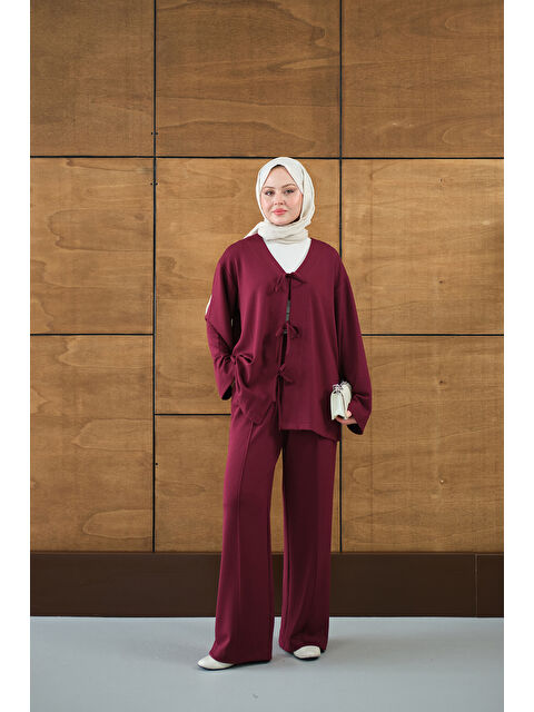 Locco Moda Kadın V Yaka Bağcıklı Regular Viskon Kimono Takım Mürdüm - S000503122-20036