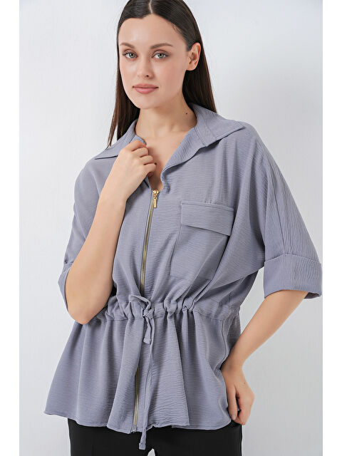 Bigdart Fermuarlı Kadın Gömlek 0721 - Gri - S000377836-20600