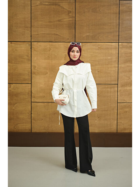 Locco Moda Kadın Roba Detaylı Kemerli Regular Poplin Gömlek Beyaz - S000503121-20063