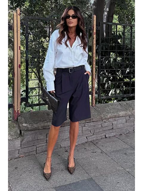 Madmext Lacivert Pileli Kadın Bermuda Şort Mg2483 - S000426223-21164