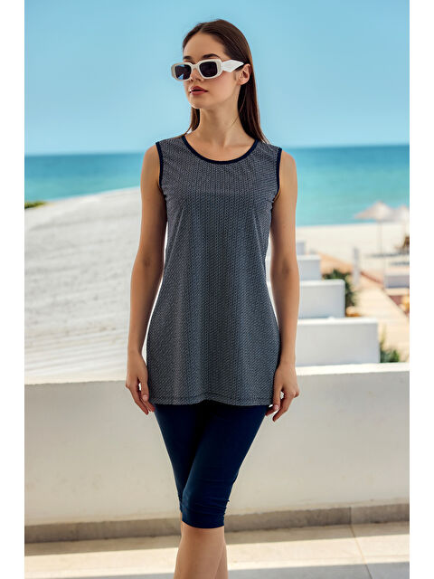 Remsa Mayo Sıfır Kol Taytlı Yarı Kapalı Mayo Desenli 720-134 Lacivert - S000397866-21164