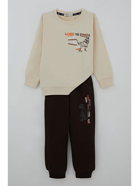Breeze Erkek Çocuk Eşofman Takımı Dinozor Kampı Sırt Baskı Detaylı Krem (2-6 Yaş)
