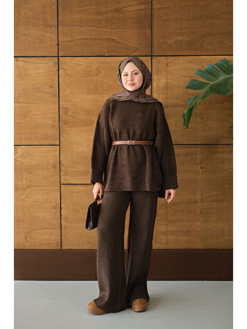 Locco Moda Kadın Beli Lastikli Triko Takım Kahverengi - S000485778-19413