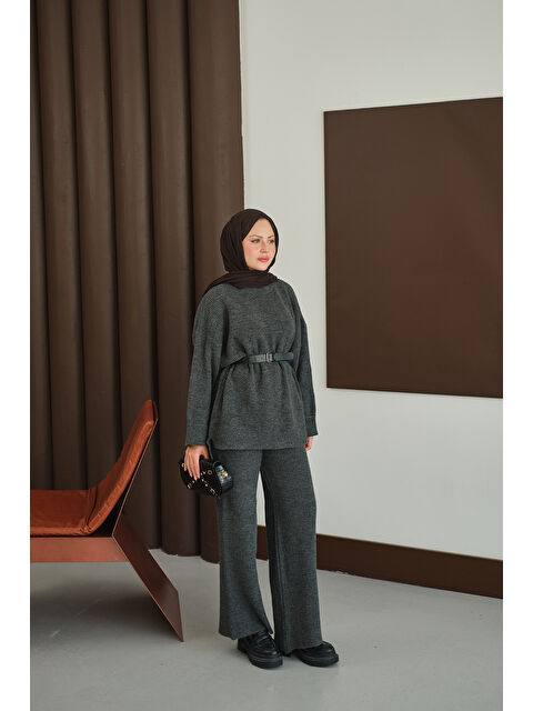 Locco Moda Kadın Beli Lastikli Triko Takım Antrasit - S000485778-29666