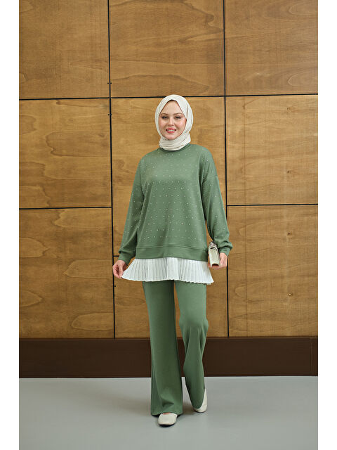 Locco Moda Kadın Beli Pileli Taşlı İkili Takım Yeşil - S000503123-18194