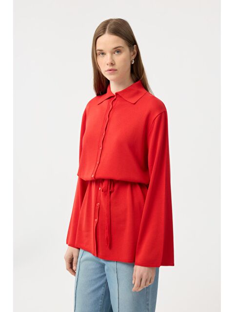 Kadriye Baştürk Düğmeli İnce Triko Hırka Nar Çiçeği