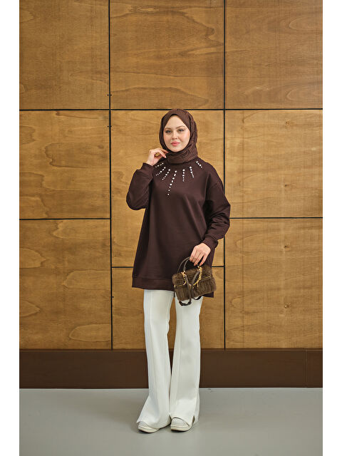 Locco Moda Kadın Yaka Taş Detay Tunik Kahverengi - S000503124-19413