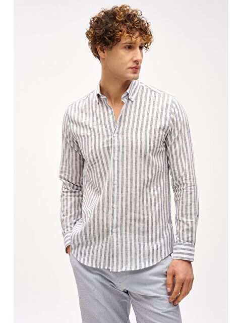 igs Lacivert Dynamic Fit Düğmeli Yaka Çizgili Uzun Kollu Cepsiz Pamuklu Gömlek - S000490110-21164