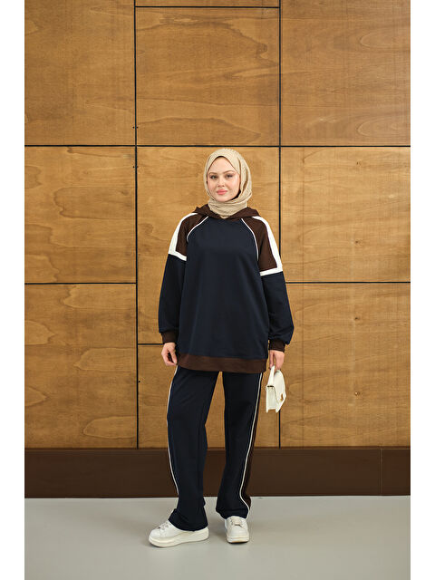 Locco Moda Kadın Kapüşonlu Üç Renk Cep Detay Beli Lastikli Regular Viskon Takım Lacivert - S000503126-21164