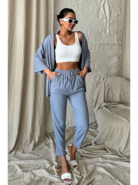 Trendseninle Kadın Gri Kimono Alt Üst Havuç Pantolon Takım - S000362459-20600