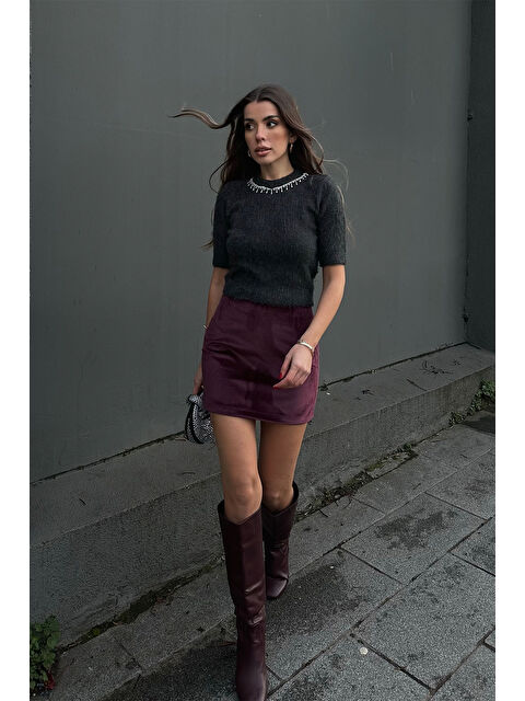 Xhan Antrasit Bisiklet Yaka Taşlı Triko Bluz 5KXK2-49083-36 - S000335921-29666