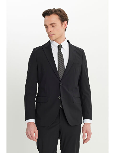 Altınyıldız Classics Erkek Siyah Slim Fit Dar Kesim Mono Yaka Kapak Cepli Esnek Takım Elbise
