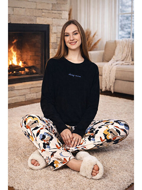 Remsa Büyük Beden Kadın Desenli Saphire Pijama Takımı 0531 Siyah09 - S000469088-3487