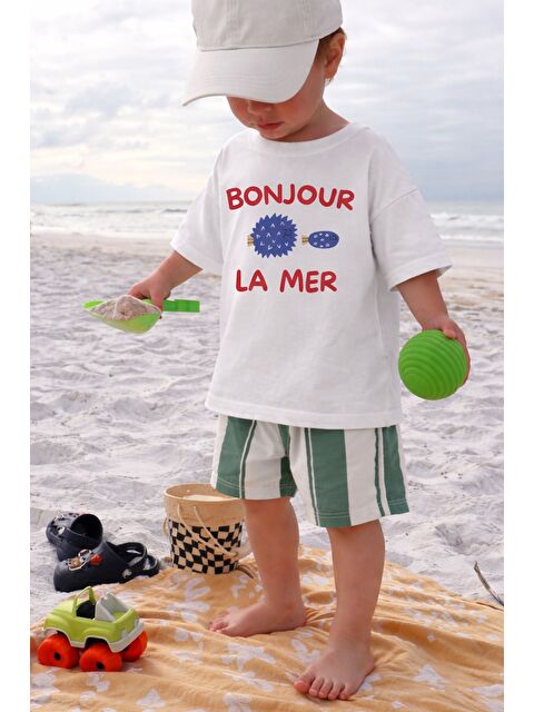 Monila Erkek Çocuk Pamuklu Ekru Bisiklet Yaka Baskılı T-Shirt