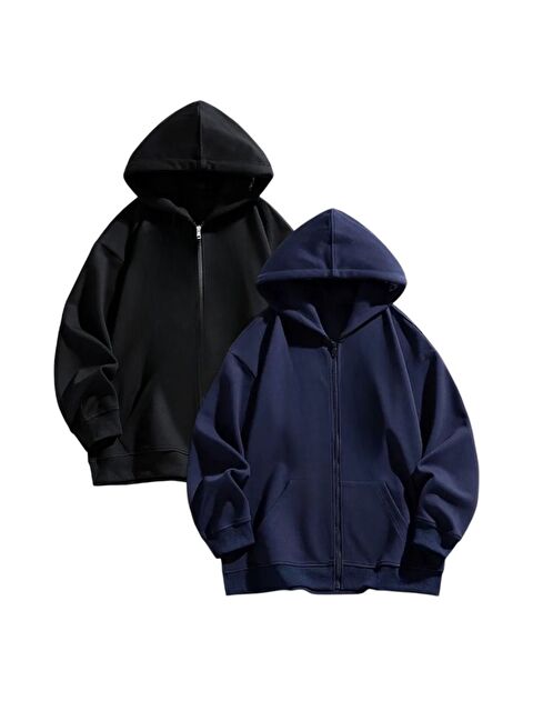 Trendseninle 2li Set Siyah Laci Kapüşon Detay Fermuarlı Hırka - S000448766-37436