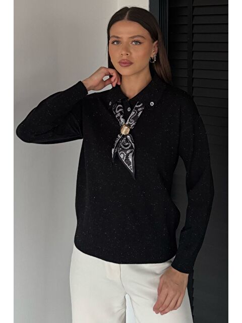 Gülseli Kadın Polo Yaka Fularlı Ve Broşlu Triko Bluz - S000482803-19351