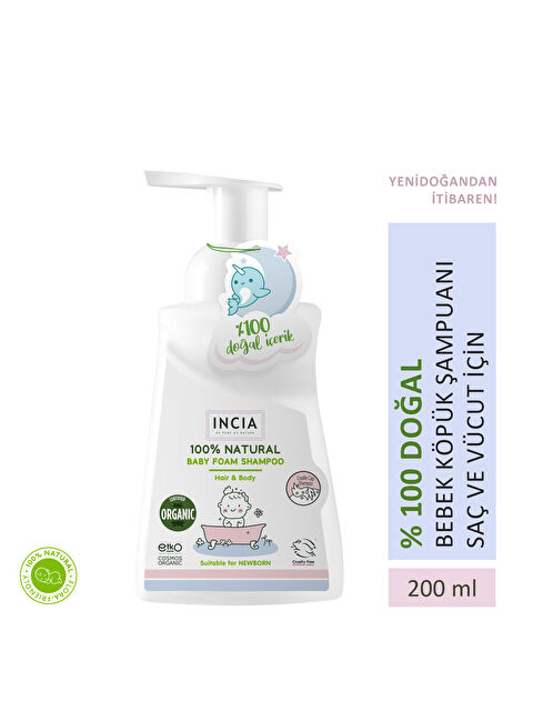 INCIA %100 Doğal Organik Sertifikalı Bebek Köpük Şampuanı Saç ve Vücut Konak Önleyici Yenidoğan 200 ml - S000362051-10231