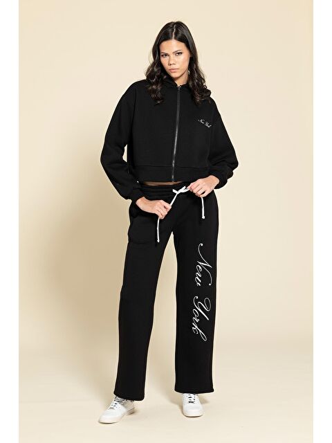 For You Moda 2'Li Fermuarlı Newyork Nakışlı Siyah Eşofman Takımı - S000333513-19351