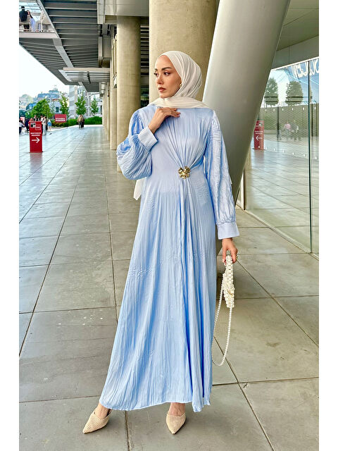 Locco Moda Kadın Ön Bronş Kırışık Elbise Mavi - S000395916-17234